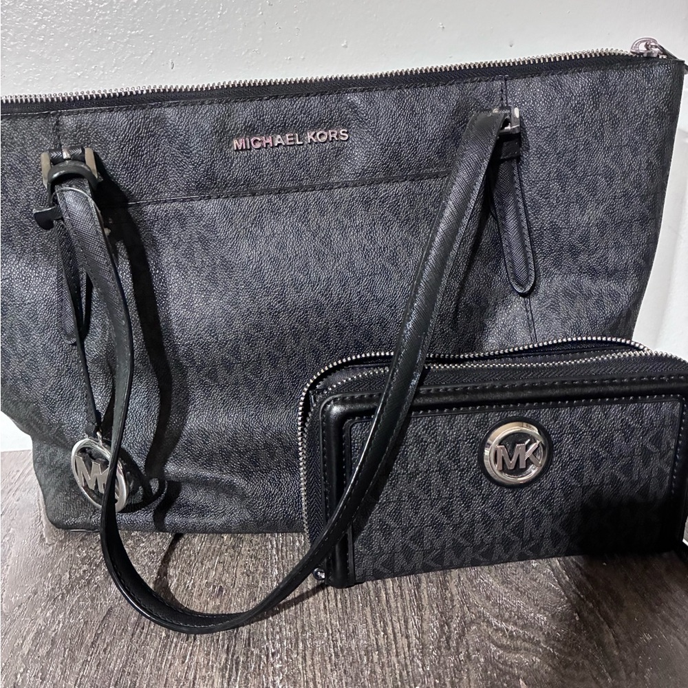 Michael Kors Gray and Black Tote and Wallet Set